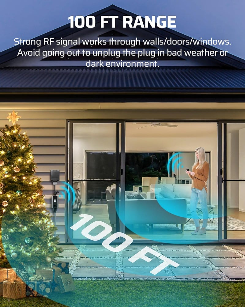 DEWENWILS Outdoor Remote Control Outlet, 15A Wireless Remote Control Switch, 100FT Control Range&14AWG SJTW Power Cord, for Outdoorfor Christmas Light, 2 Remote Controls+1 Outlet - Image 3